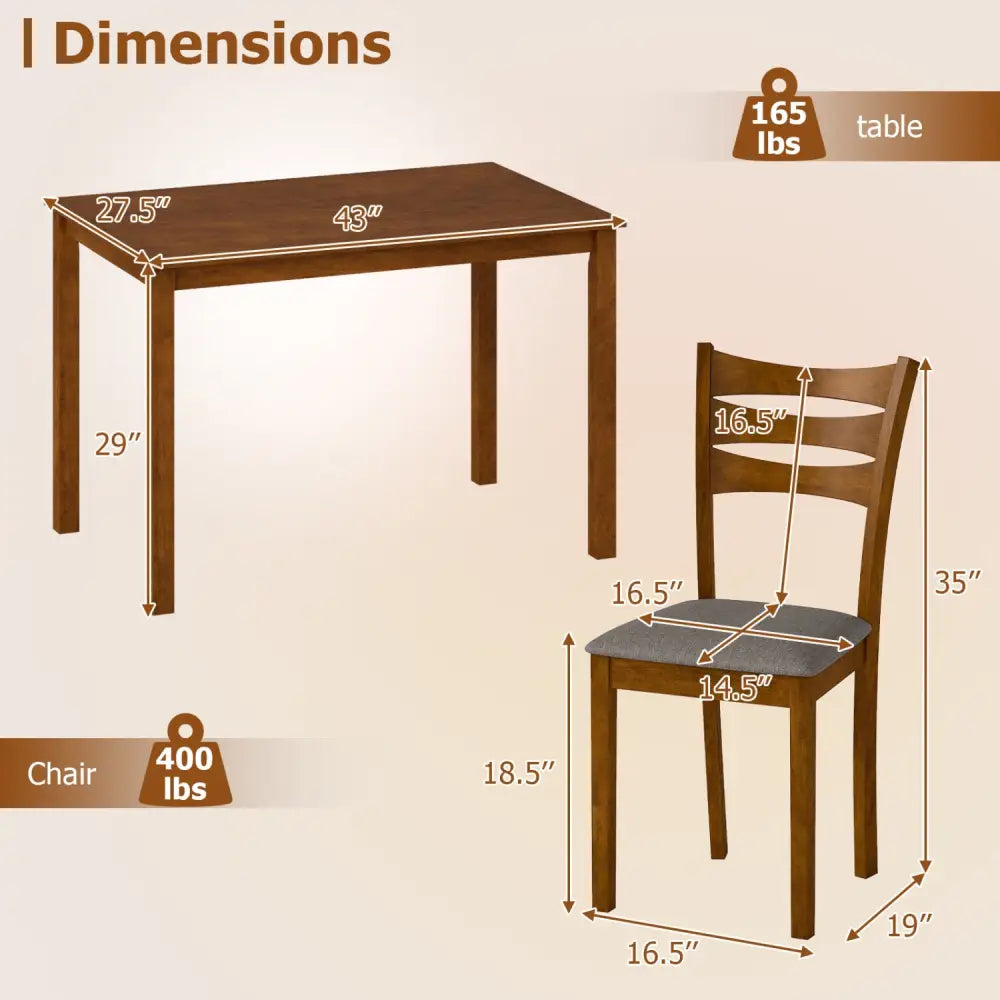 5-Piece Dining Table Set with Linen Fabric Upholstered Chairs and Solid Rubber Wood Frame for 4 People-Brown - Brown