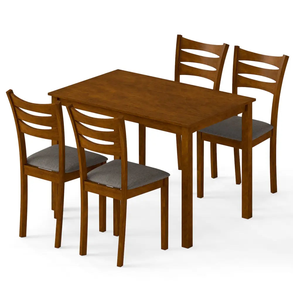 5-Piece Dining Table Set with Linen Fabric Upholstered Chairs and Solid Rubber Wood Frame for 4 People-Brown - Brown