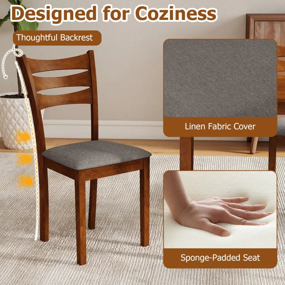 5-Piece Dining Table Set with Linen Fabric Upholstered Chairs and Solid Rubber Wood Frame for 4 People-Brown - Brown