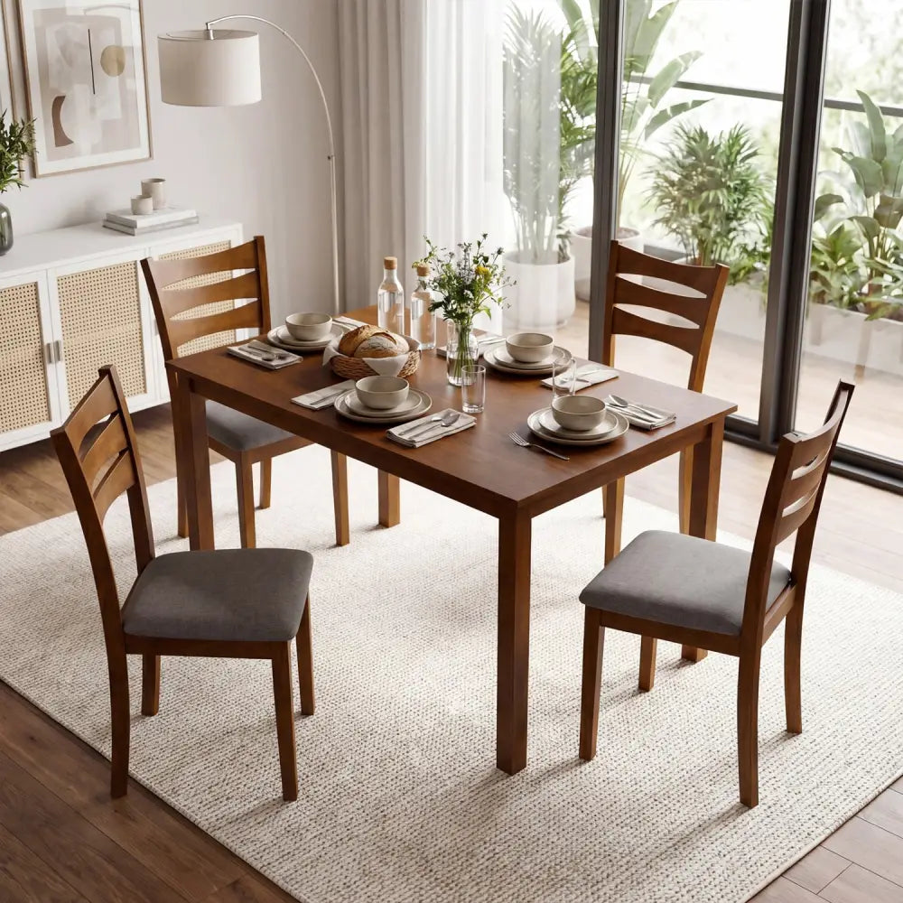 5-Piece Dining Table Set with Linen Fabric Upholstered Chairs and Solid Rubber Wood Frame for 4 People-Brown - Brown