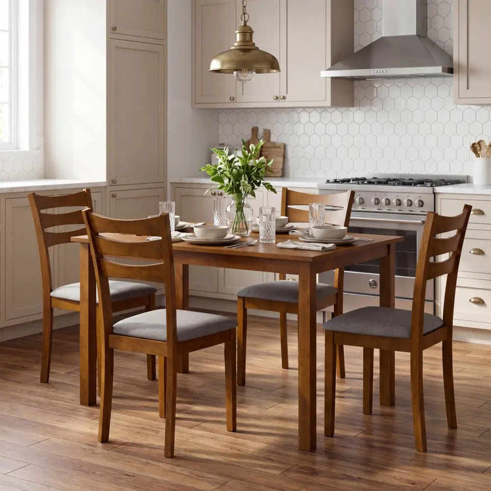 5-Piece Dining Table Set with Linen Fabric Upholstered Chairs and Solid Rubber Wood Frame for 4 People-Brown - Brown