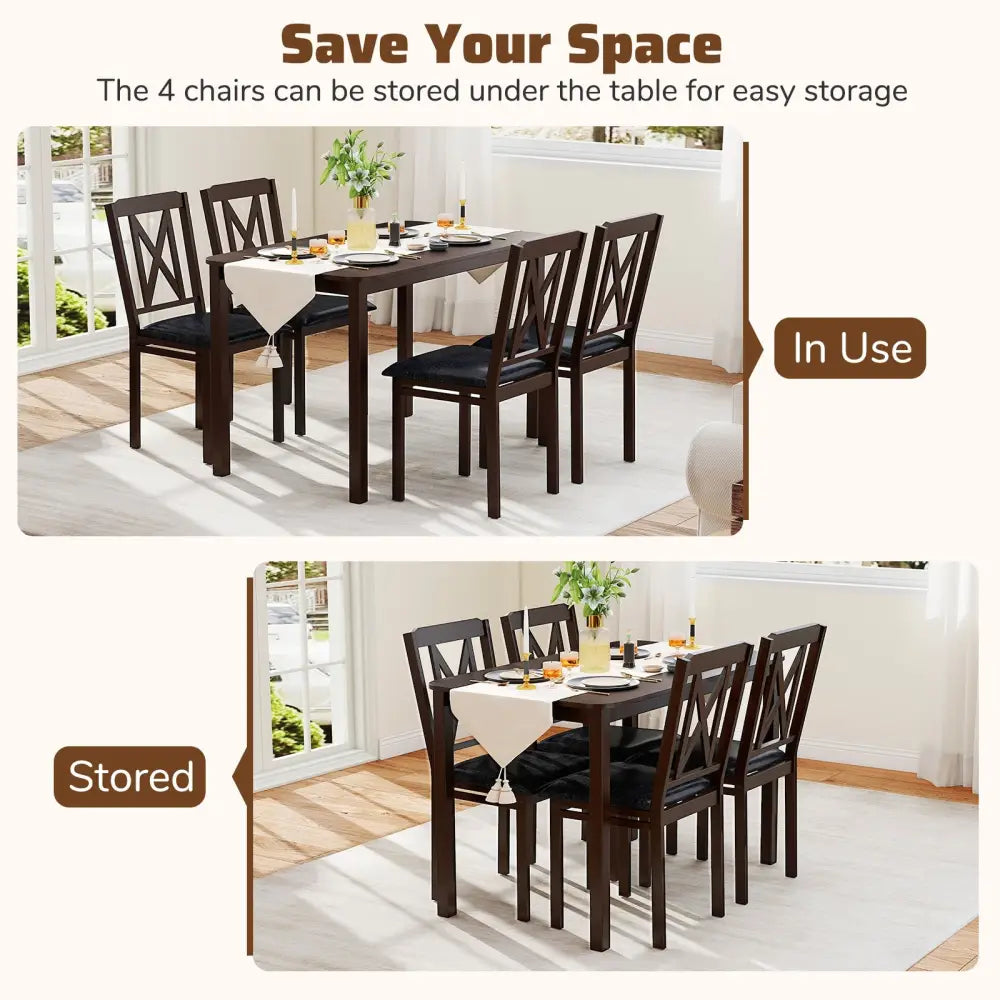 5-Piece Dining Table Set with Wide Tabletop and Rubber Wood Legs-Black - Black - Dining Room Sets