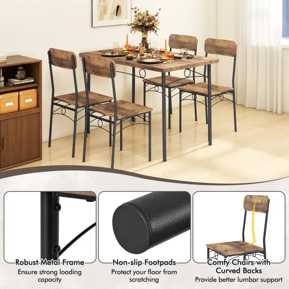 5-Piece Industrial Dining Table Set for 4 for Small Place Apartment-Brown - Brown - Dining Room Sets