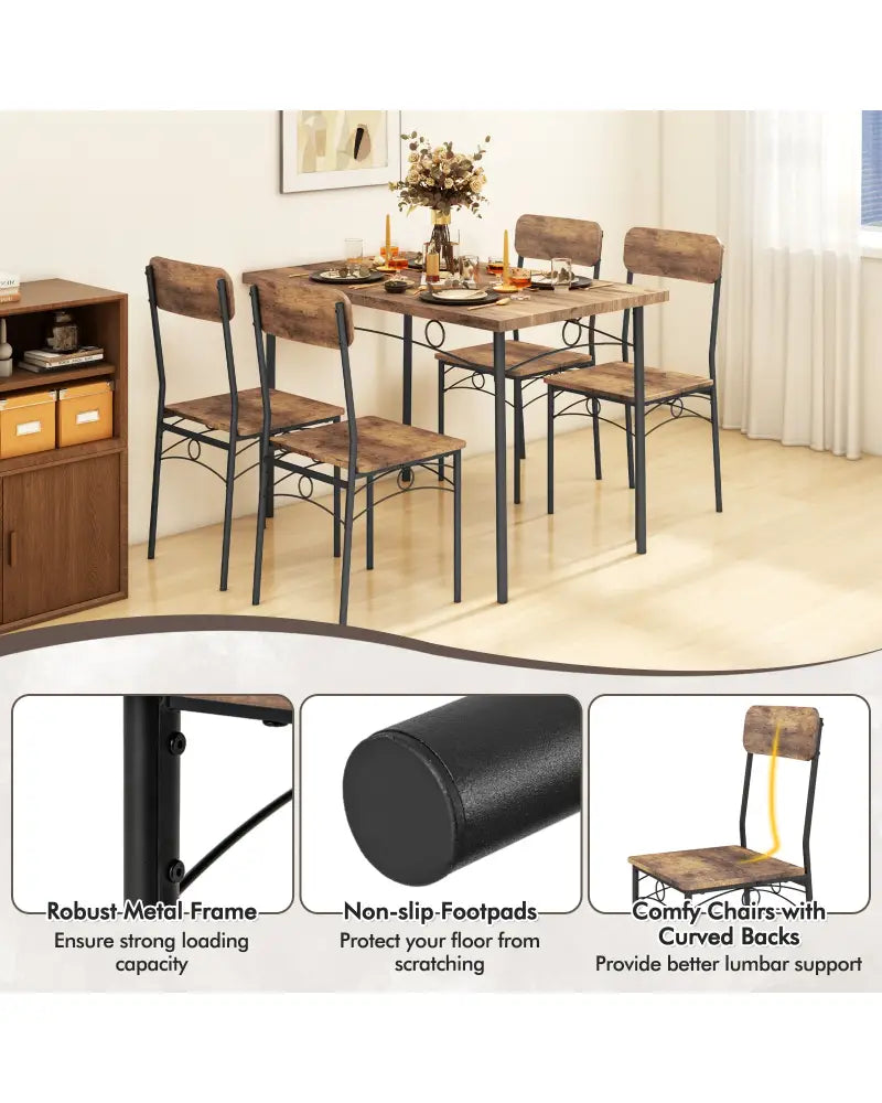 5-Piece Industrial Dining Table Set for 4 for Small Place Apartment-Brown - Brown - Dining Room Sets