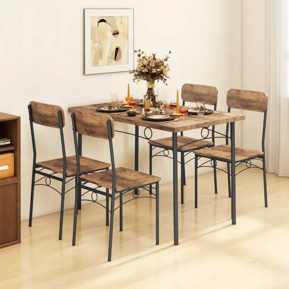 5-Piece Industrial Dining Table Set for 4 for Small Place Apartment-Brown - Brown - Dining Room Sets