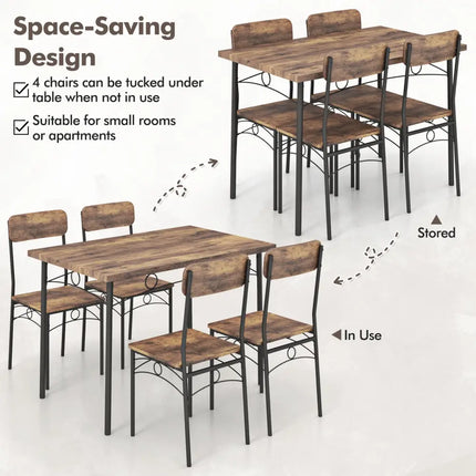 5-Piece Industrial Dining Table Set for 4 for Small Place Apartment-Brown Costway
