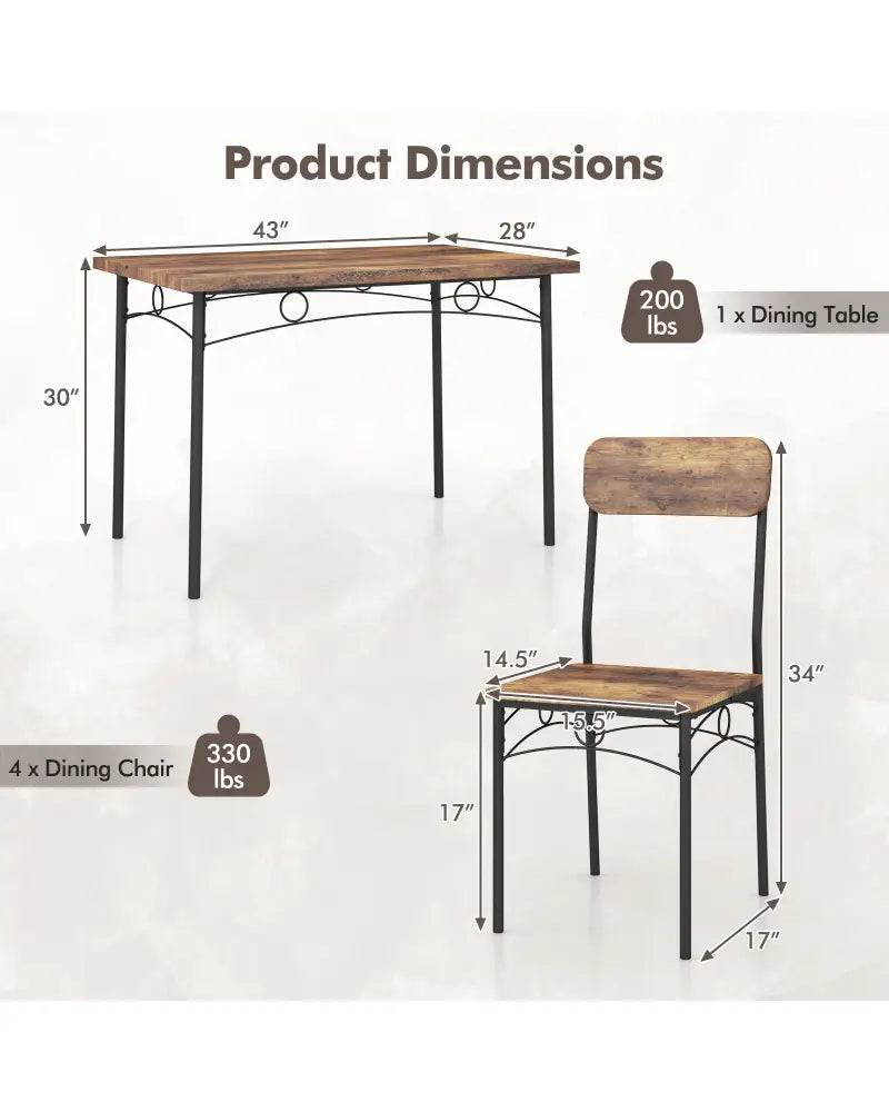 5-Piece Industrial Dining Table Set for 4 for Small Place Apartment-Brown - Brown - Dining Room Sets