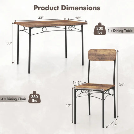 5-Piece Industrial Dining Table Set for 4 for Small Place Apartment-Brown Costway