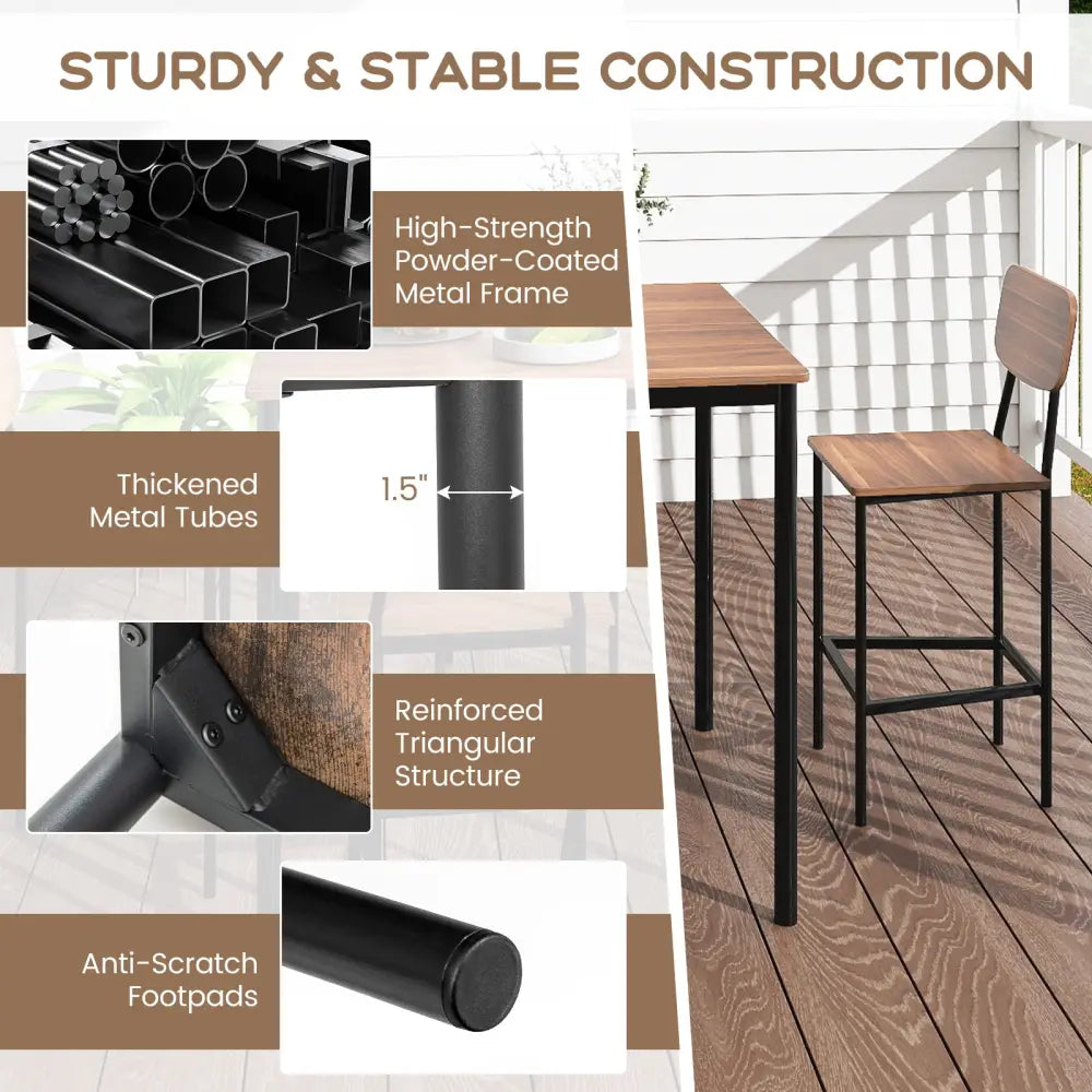 5-Piece Industrial Dining Table Set with Counter Height Table and 4 Bar Stools-Teak - Teak - Dining Room Sets
