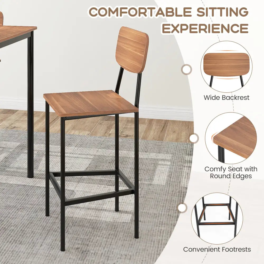 5-Piece Industrial Dining Table Set with Counter Height Table and 4 Bar Stools-Teak - Teak - Dining Room Sets