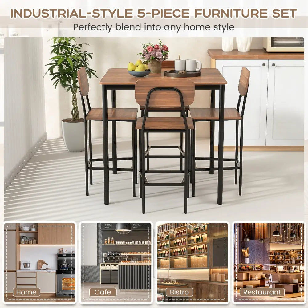 5-Piece Industrial Dining Table Set with Counter Height Table and 4 Bar Stools-Teak - Teak - Dining Room Sets