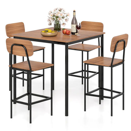 5-Piece Industrial Dining Table Set with Counter Height Table and 4 Bar Stools-Teak - Teak - Dining Room Sets