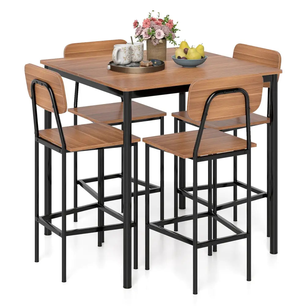 5-Piece Industrial Dining Table Set with Counter Height Table and 4 Bar Stools-Teak - Teak - Dining Room Sets