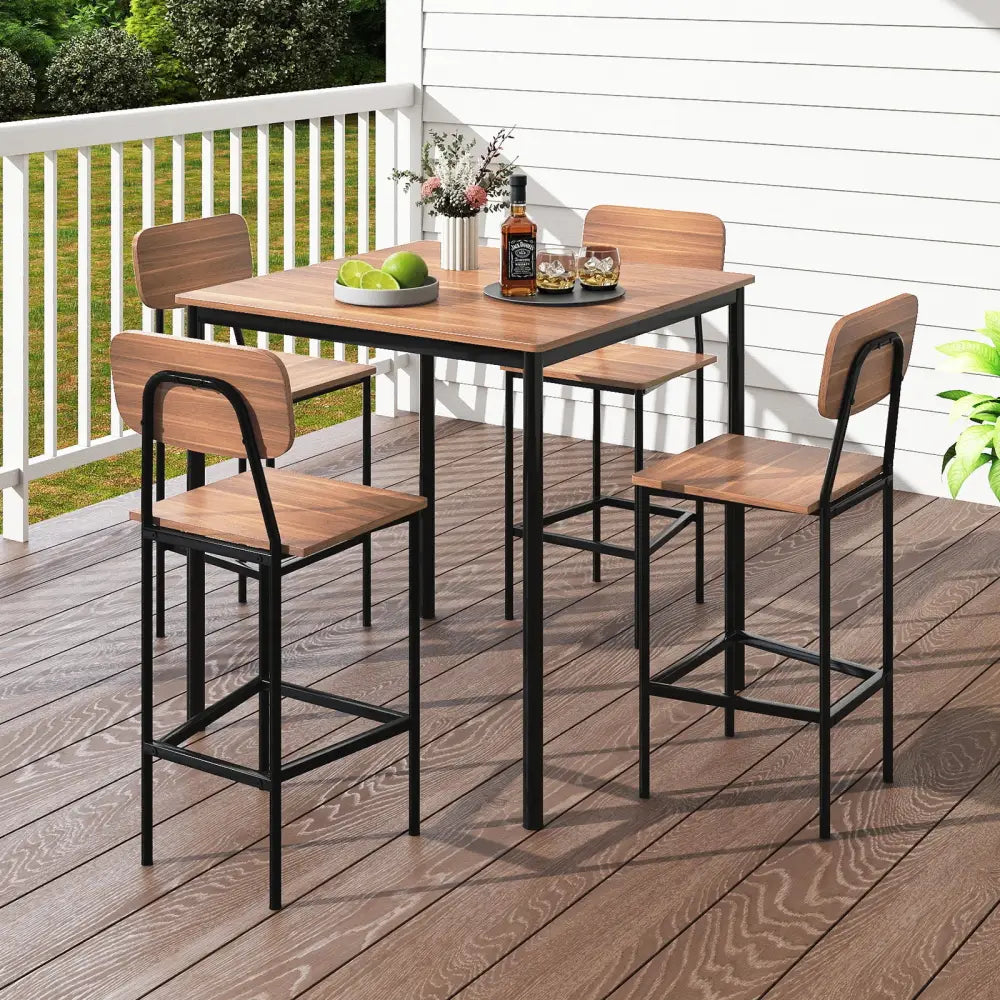 5-Piece Industrial Dining Table Set with Counter Height Table and 4 Bar Stools-Teak - Teak - Dining Room Sets