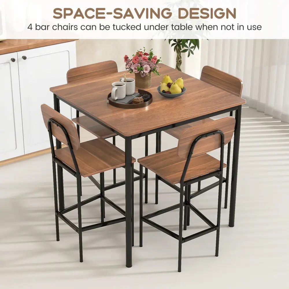 5-Piece Industrial Dining Table Set with Counter Height Table and 4 Bar Stools-Teak - Teak - Dining Room Sets