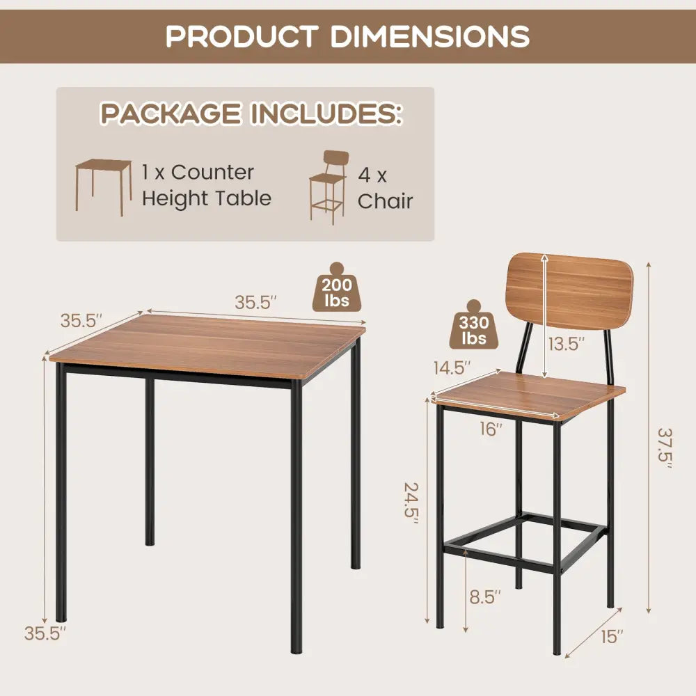 5-Piece Industrial Dining Table Set with Counter Height Table and 4 Bar Stools-Teak - Teak - Dining Room Sets