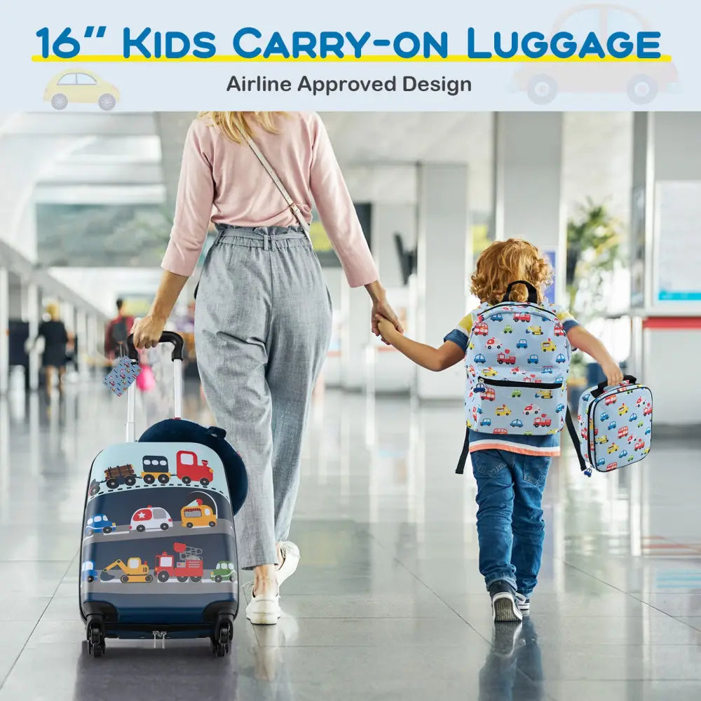 5 Piece Kids Luggage Set with Backpack Neck Pillow Name Tag Lunch Bag-Blue - Blue - Kids Luggage