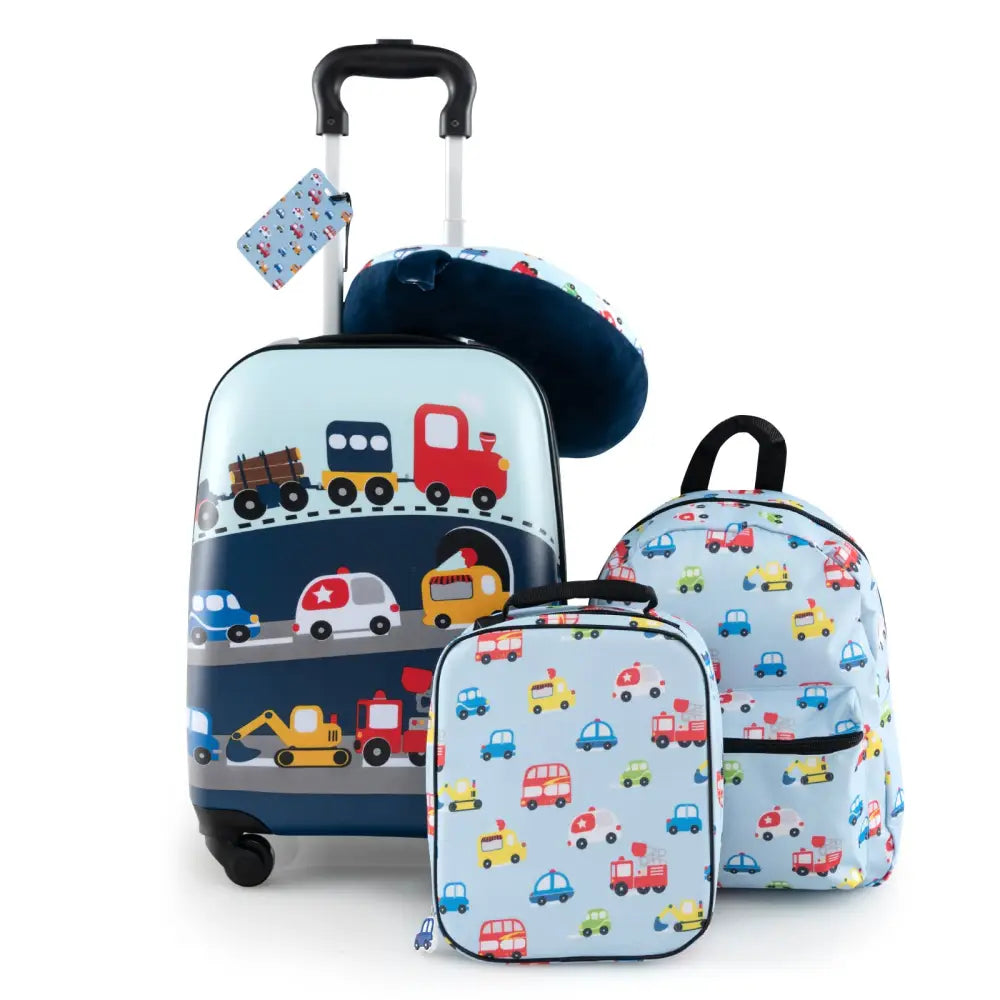 5 Piece Kids Luggage Set with Backpack Neck Pillow Name Tag Lunch Bag-Blue - Blue - Kids Luggage