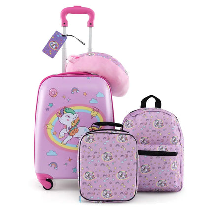 5 Piece Kids Luggage Set with Backpack Neck Pillow Name Tag Lunch Bag-Hot Pink - Purple - Kids Luggage