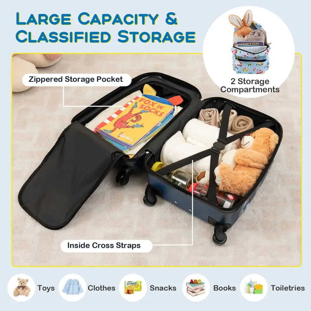 5 Piece Kids Luggage Set with Backpack Neck Pillow Name Tag Lunch Bag-Blue - Blue - Kids Luggage