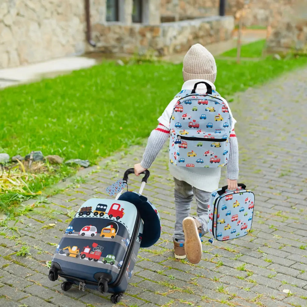 5 Piece Kids Luggage Set with Backpack Neck Pillow Name Tag Lunch Bag-Blue - Blue - Kids Luggage