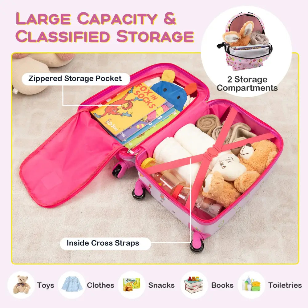 5 Piece Kids Luggage Set with Backpack Neck Pillow Name Tag Lunch Bag-Pink - Pink - Kids Luggage