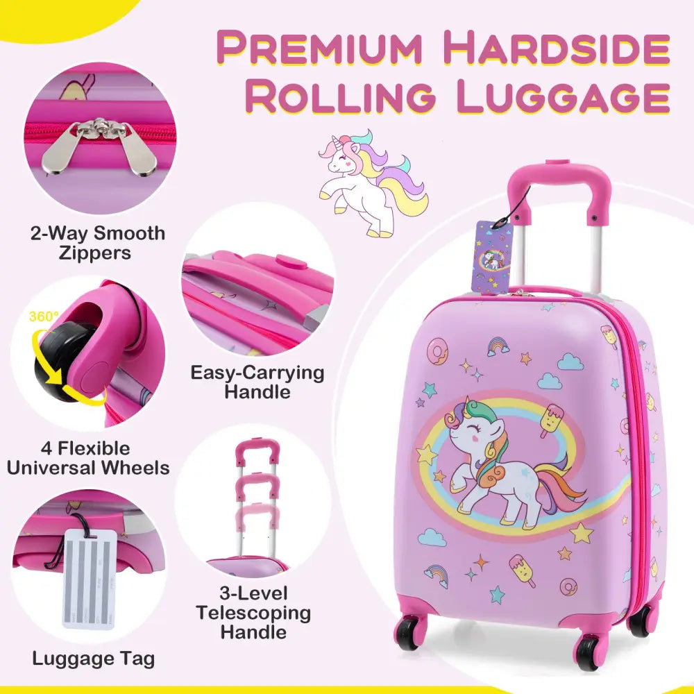 5 Piece Kids Luggage Set with Backpack Neck Pillow Name Tag Lunch Bag-Hot Pink - Hot Pink - Kids Luggage
