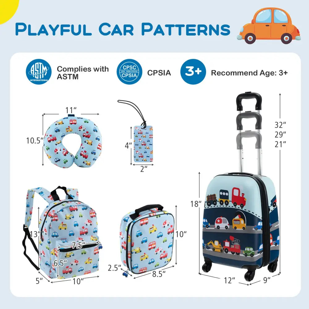 5 Piece Kids Luggage Set with Backpack Neck Pillow Name Tag Lunch Bag-Blue - Blue - Kids Luggage
