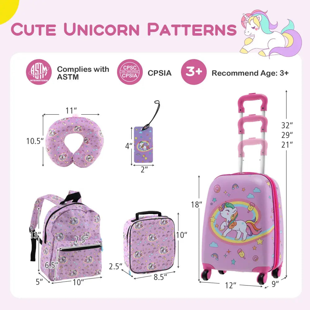 5 Piece Kids Luggage Set with Backpack Neck Pillow Name Tag Lunch Bag-Hot Pink - Hot Pink - Kids Luggage
