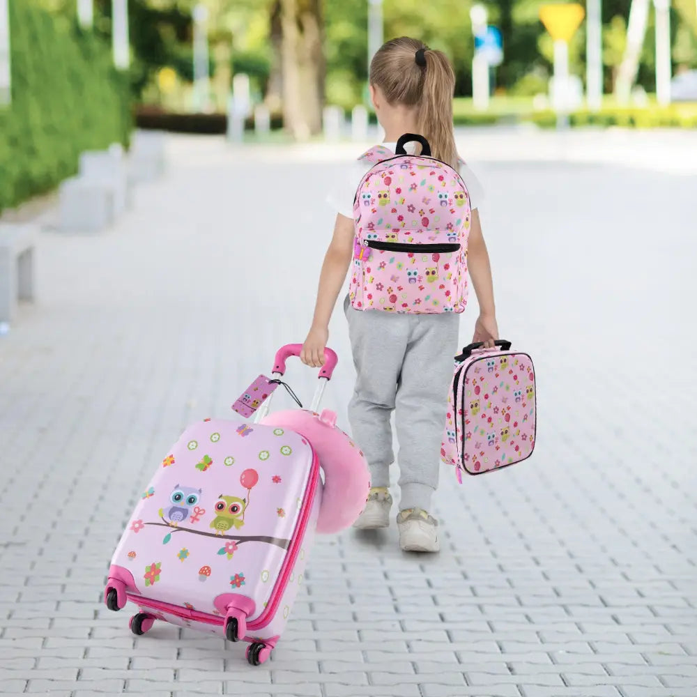 5 Piece Kids Luggage Set with Backpack Neck Pillow Name Tag Lunch Bag-Pink - Pink - Kids Luggage