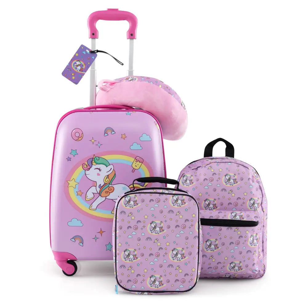 5 Piece Kids Luggage Set with Backpack Neck Pillow Name Tag Lunch Bag-Hot Pink - Hot Pink - Kids Luggage