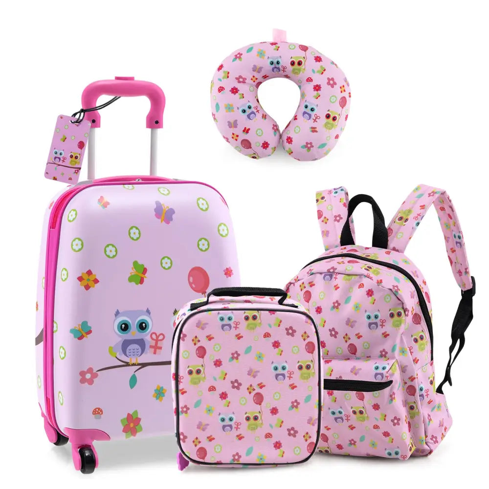 5 Piece Kids Luggage Set with Backpack Neck Pillow Name Tag Lunch Bag-Pink - Pink - Kids Luggage
