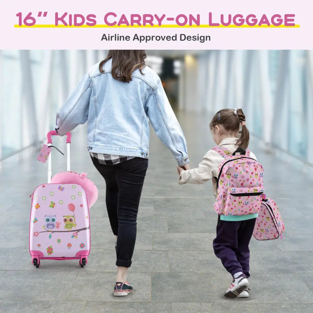 5 Piece Kids Luggage Set with Backpack Neck Pillow Name Tag Lunch Bag-Pink - Pink - Kids Luggage