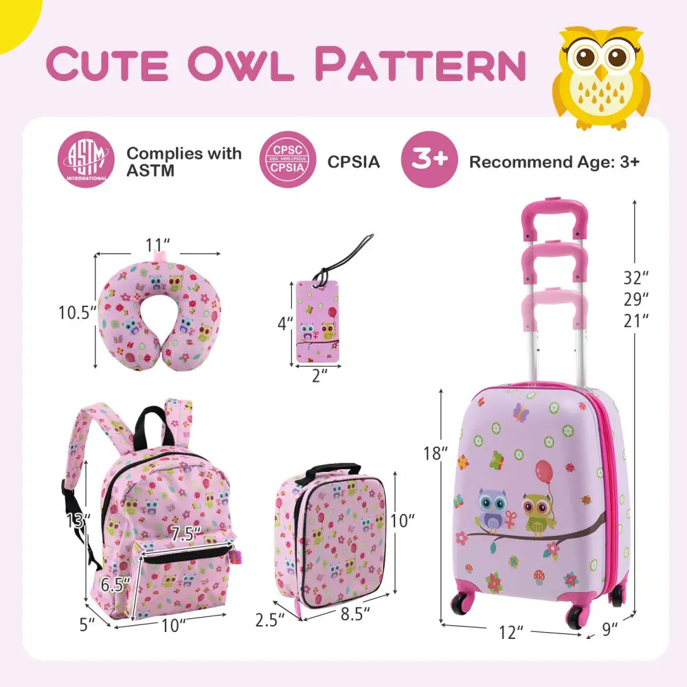 5 Piece Kids Luggage Set with Backpack Neck Pillow Name Tag Lunch Bag-Pink - Pink - Kids Luggage