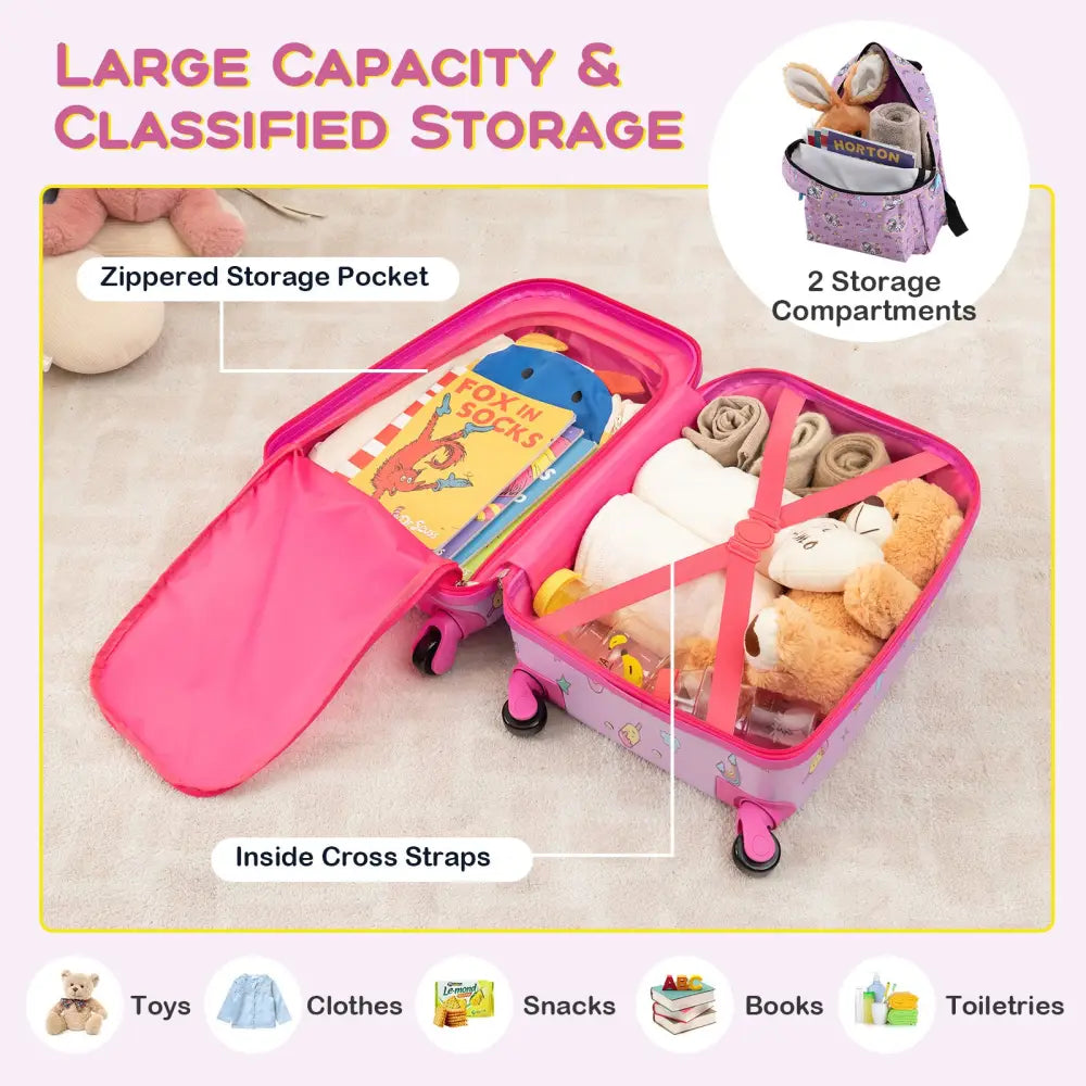 5 Piece Kids Luggage Set with Backpack Neck Pillow Name Tag Lunch Bag-Hot Pink - Hot Pink - Kids Luggage