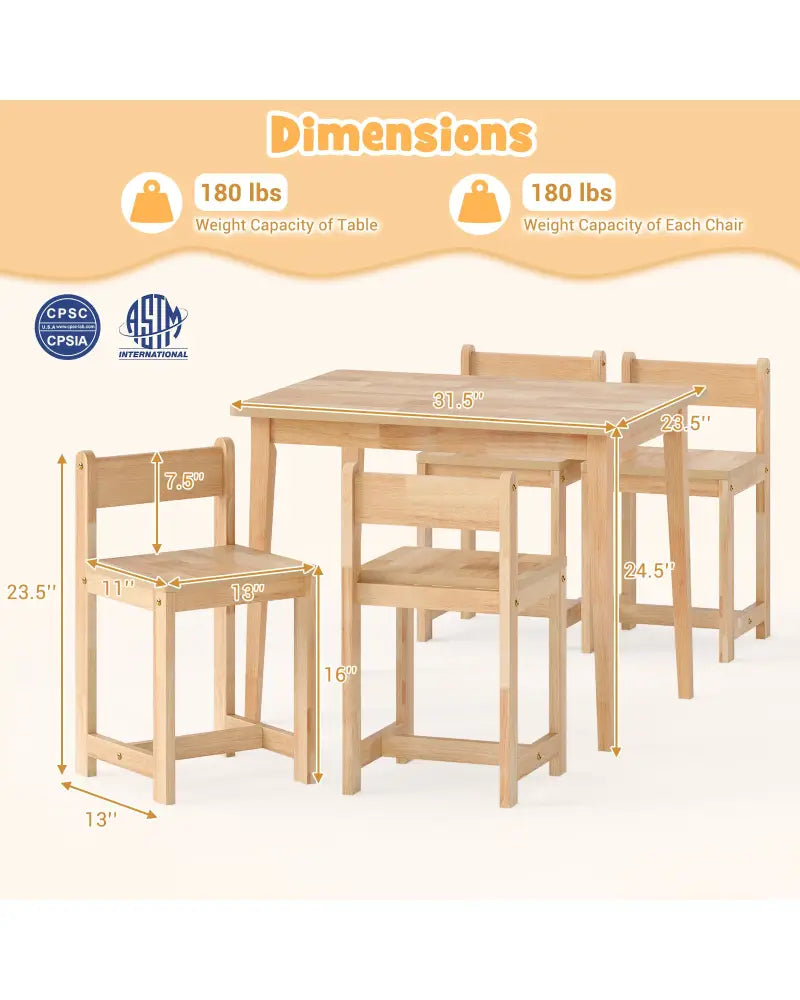 5-Piece Kids Table and Chairs Set Solid Rubber Wood Toddler Activity Table-Natural - Natural - Kids Table & Chair Sets