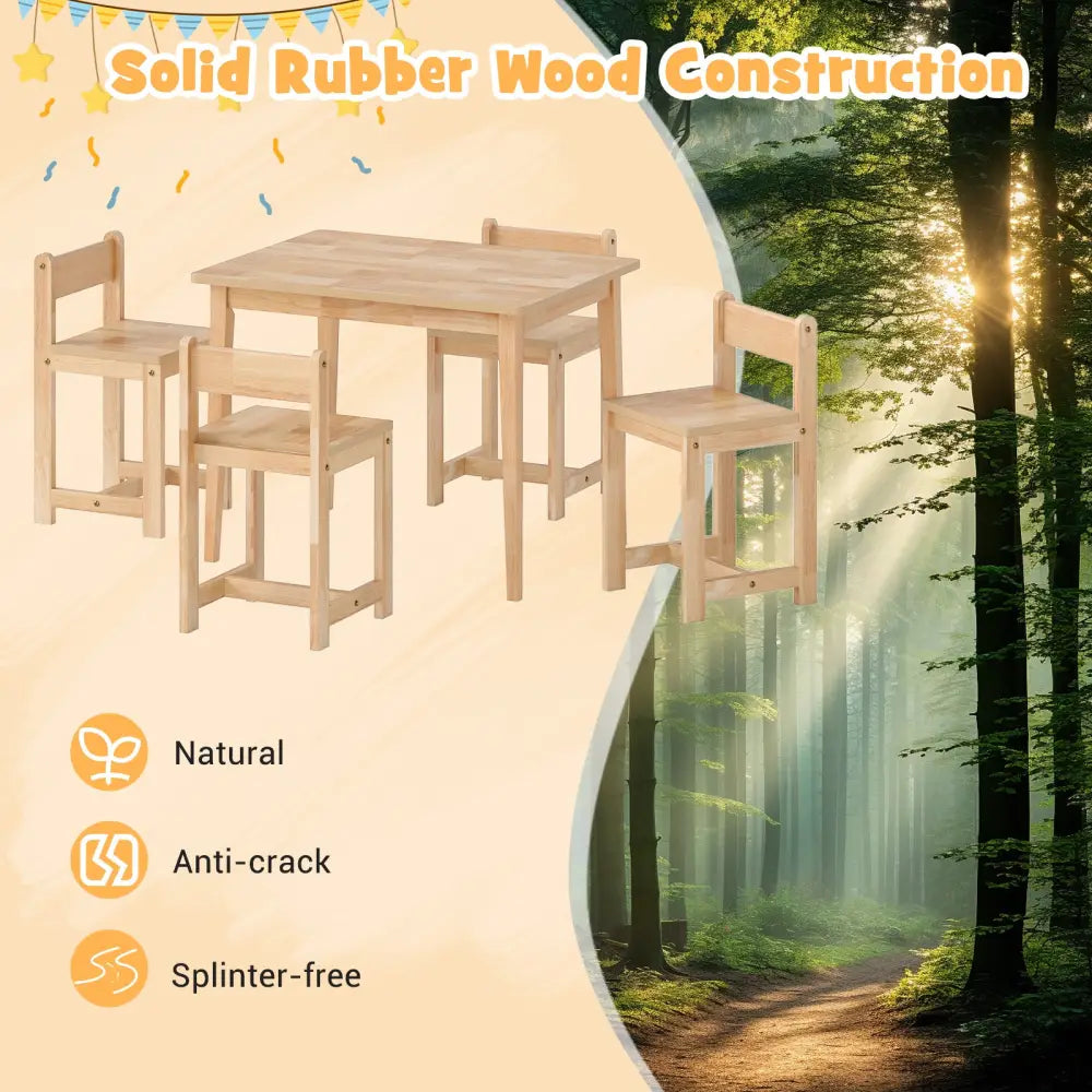 5-Piece Kids Table and Chairs Set Solid Rubber Wood Toddler Activity Table-Natural - Natural - Kids Table & Chair Sets