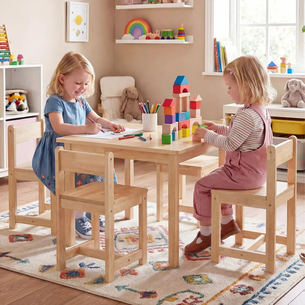 5-Piece Kids Table and Chairs Set Solid Rubber Wood Toddler Activity Table-Natural - Natural - Kids Table & Chair Sets