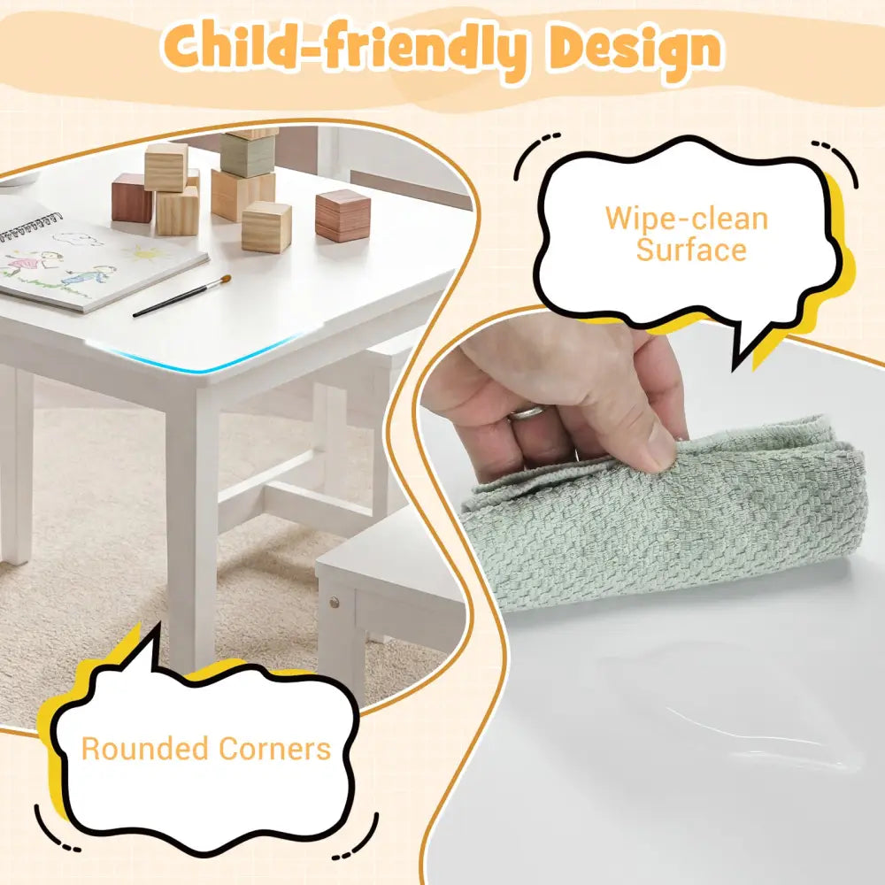 5-Piece Kids Table and Chairs Set Solid Rubber Wood Toddler Activity Table-White - White - Kids Table & Chair Sets
