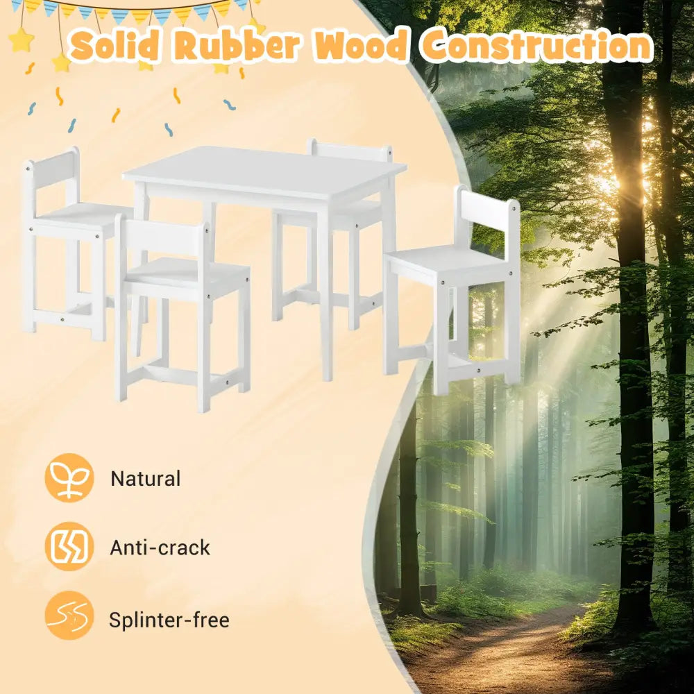 5-Piece Kids Table and Chairs Set Solid Rubber Wood Toddler Activity Table-White - White - Kids Table & Chair Sets