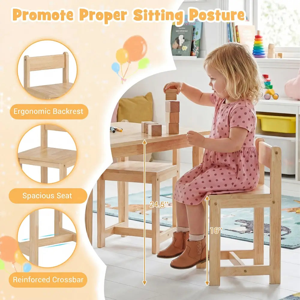 5-Piece Kids Table and Chairs Set Solid Rubber Wood Toddler Activity Table-Natural - Natural - Kids Table & Chair Sets