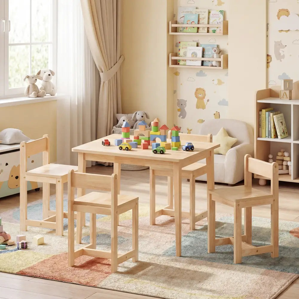 5-Piece Kids Table and Chairs Set Solid Rubber Wood Toddler Activity Table-Natural - Natural - Kids Table & Chair Sets