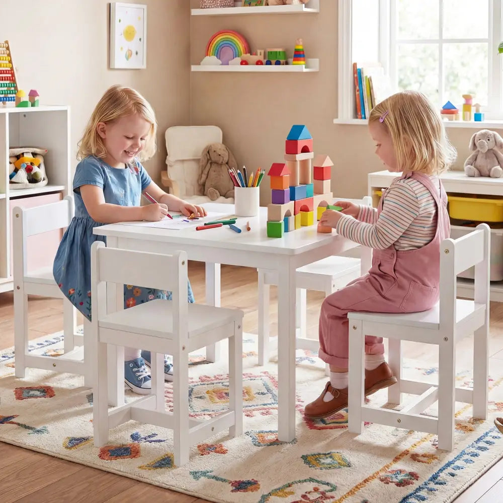 5-Piece Kids Table and Chairs Set Solid Rubber Wood Toddler Activity Table-White - White - Kids Table & Chair Sets