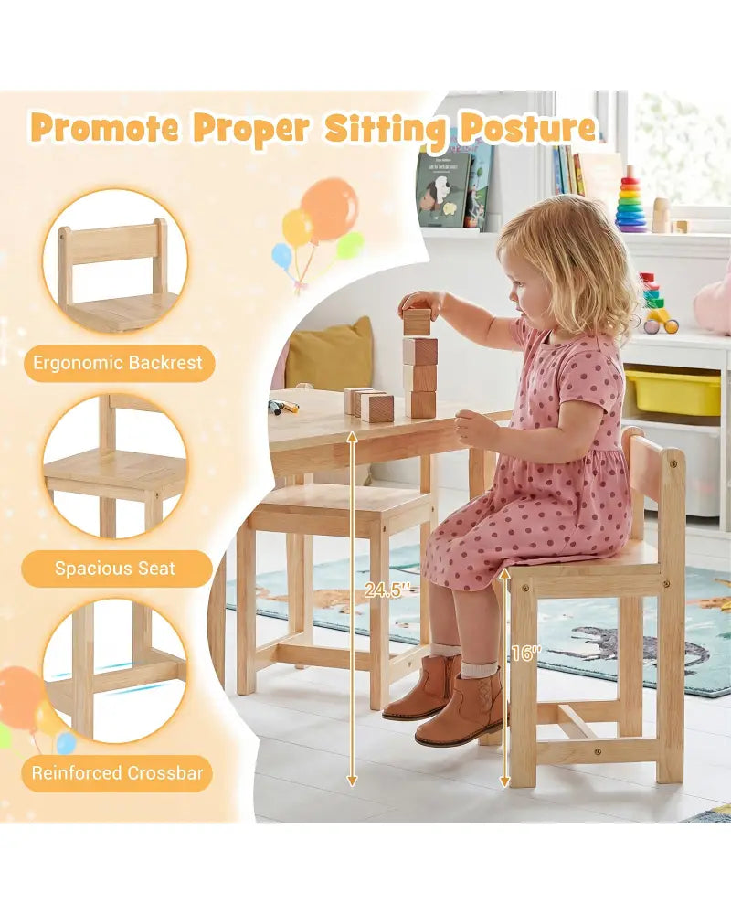 5-Piece Kids Table and Chairs Set Solid Rubber Wood Toddler Activity Table-Natural - Natural - Kids Table & Chair Sets