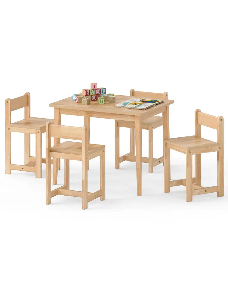 5-Piece Kids Table and Chairs Set Solid Rubber Wood Toddler Activity Table-Natural - Natural - Kids Table & Chair Sets