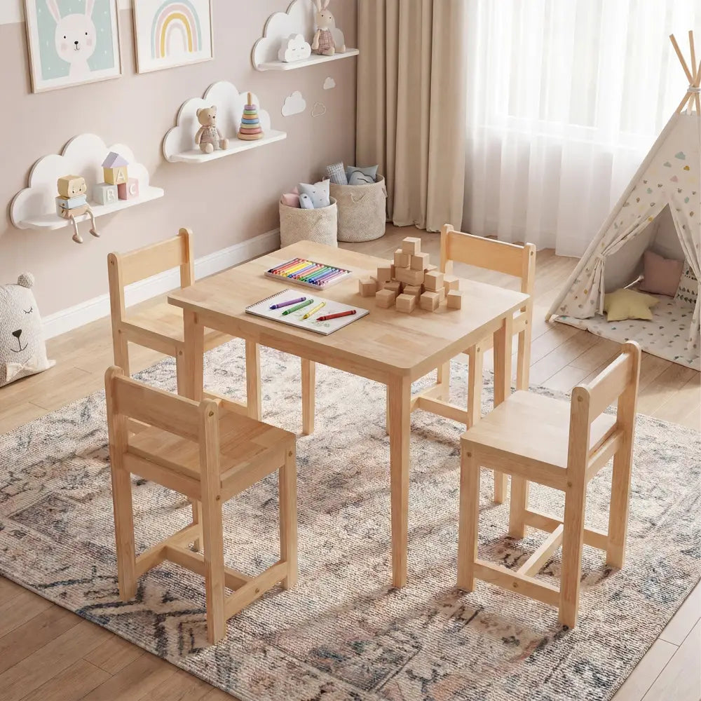 5-Piece Kids Table and Chairs Set Solid Rubber Wood Toddler Activity Table-Natural - Natural - Kids Table & Chair Sets