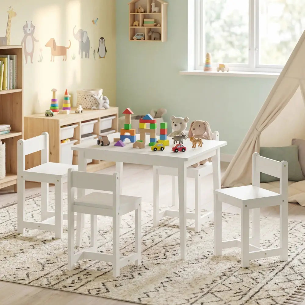 5-Piece Kids Table and Chairs Set Solid Rubber Wood Toddler Activity Table-White - White - Kids Table & Chair Sets