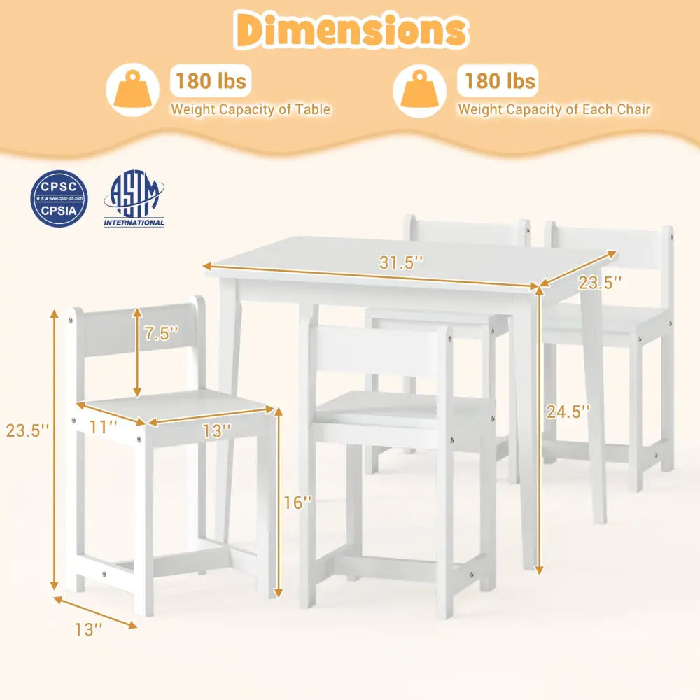 5-Piece Kids Table and Chairs Set Solid Rubber Wood Toddler Activity Table-White - White - Kids Table & Chair Sets