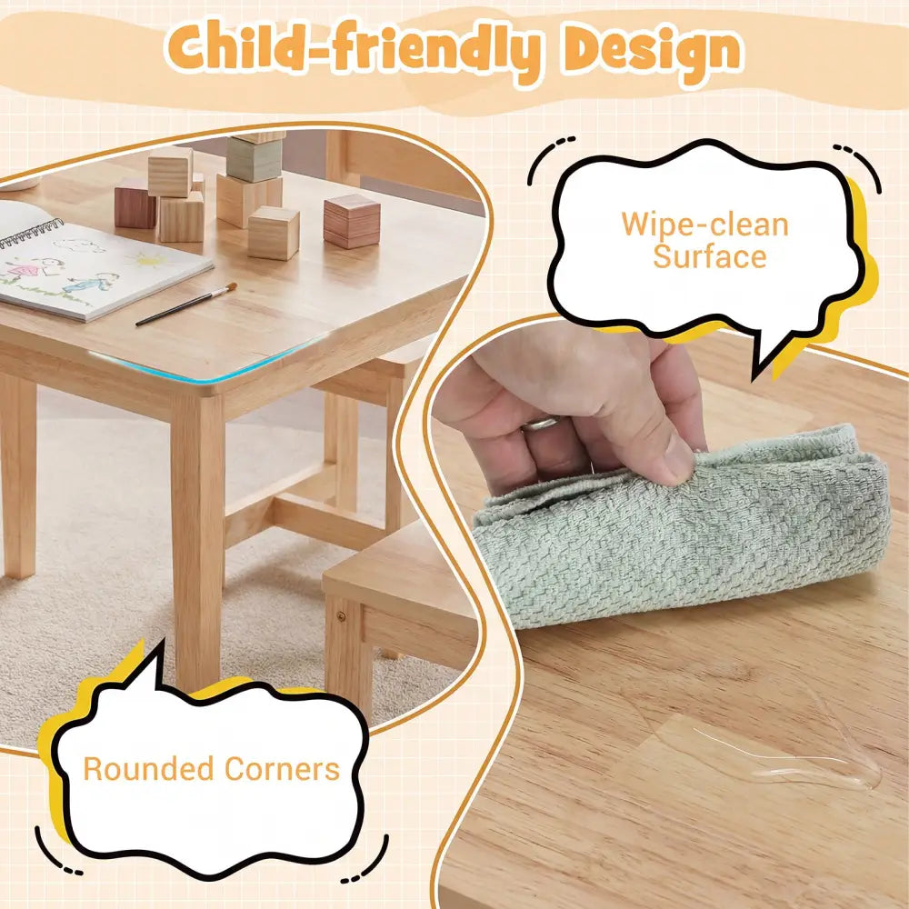 5-Piece Kids Table and Chairs Set Solid Rubber Wood Toddler Activity Table-Natural - Natural - Kids Table & Chair Sets