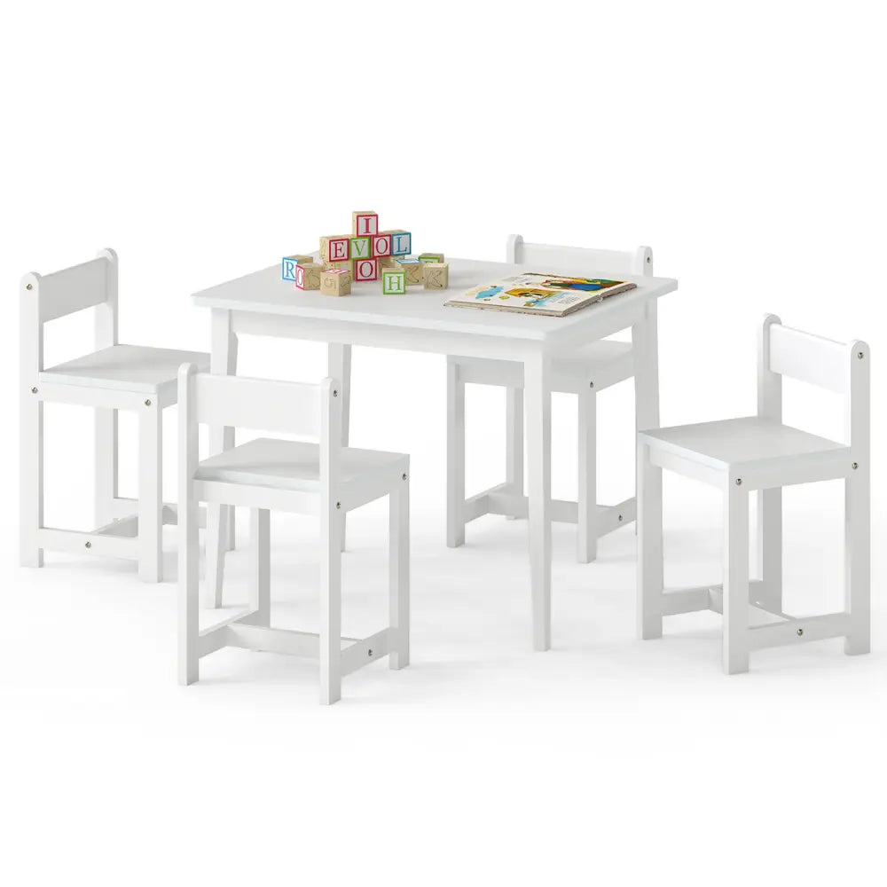 5-Piece Kids Table and Chairs Set Solid Rubber Wood Toddler Activity Table-White - White - Kids Table & Chair Sets